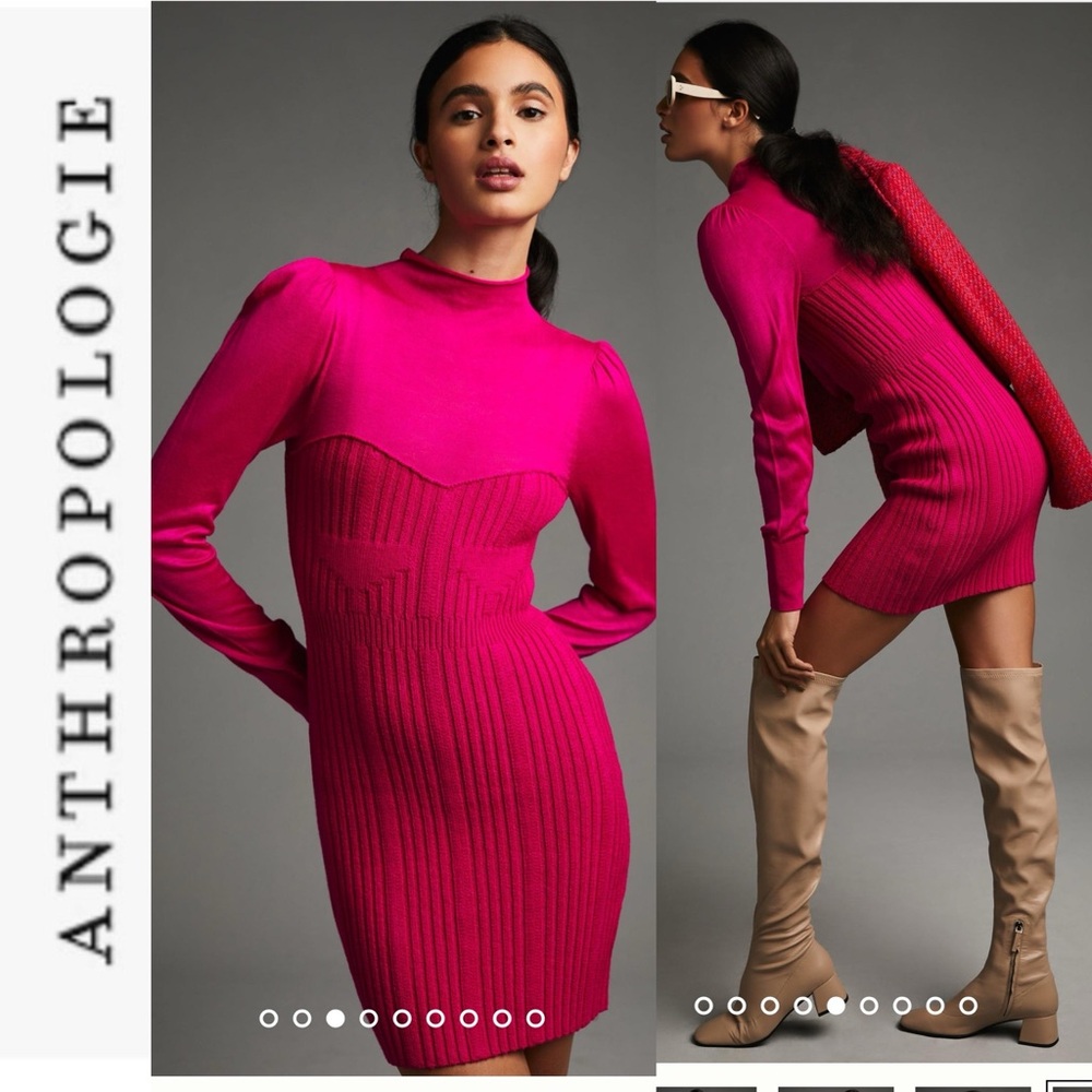 NEW Hot Pink Anthropologie Turtleneck Sweater Dress m - Picture 2 of 16